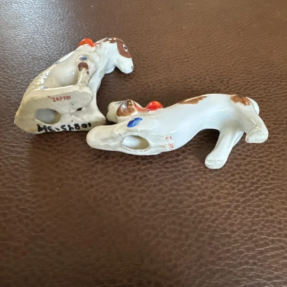 Vintage Japan Sad Hound Dog Porcelain Figurine Set White/Brown with Bows 3